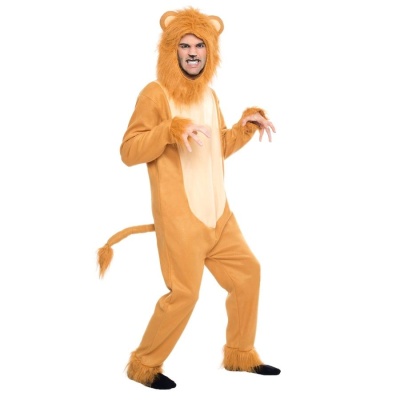 Fato de leão castanho claro com barriga bege e crina falsa