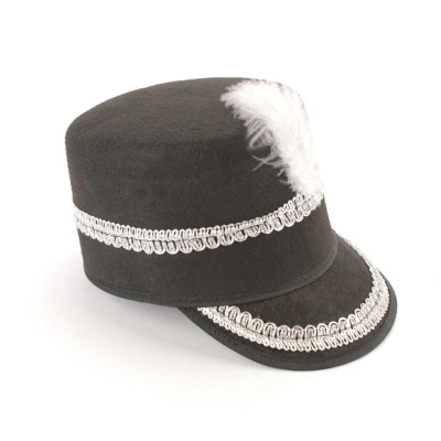 Chapéu militar preto com tira prateada e pena branca