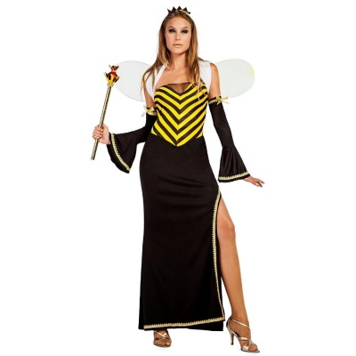 Vestido longo feminino preto e amarelo com asas e cetro