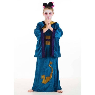 Roupa tradicional chinesa azul com detalhes dourados e roxos para criança