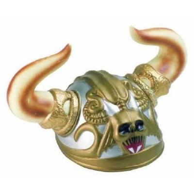 Capacete dourado e prateado com chifres grandes