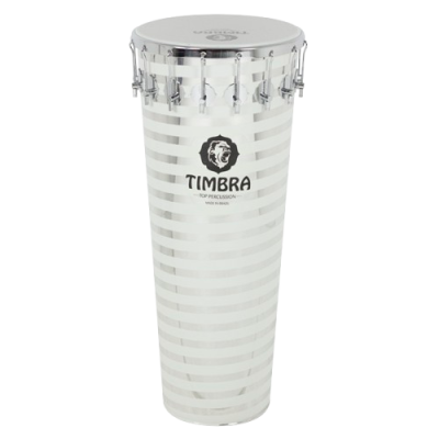Tambor de percussão branco com riscas cinzentas e logotipo TIMBRA