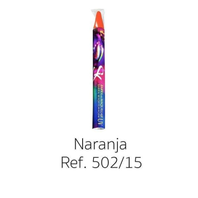 Caneta para maquilhagem UV laranja com embalagem colorida e texto