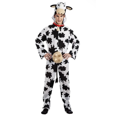 Fato integral branco com manchas pretas e capuz com rosto de vaca.