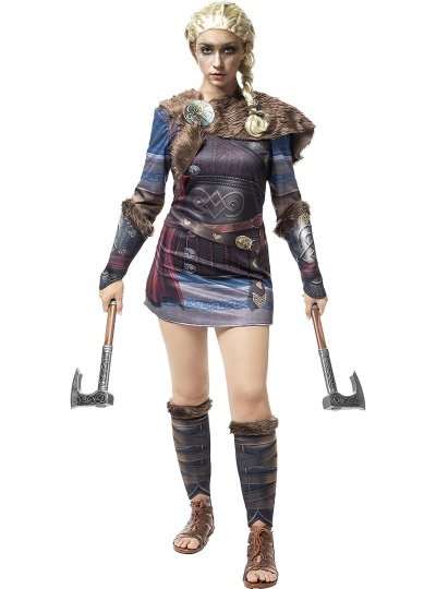 Fantasia feminina de guerreira viking com acessórios e machados