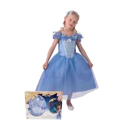 Vestido de princesa azul com saia em tule brilhante e caixa com imagem da CINDERELLA