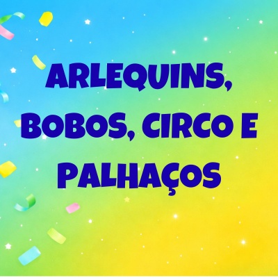 Texto grande azul em fundo azul, verde e amarelo com confetes coloridos