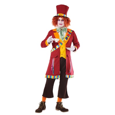 Fantasia Chapeleiro Maluco com cartola vermelha e casaco bordô