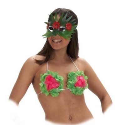 Mulher usando máscara verde de folhas com flores vermelhas e bikini de tule verde e rosa
