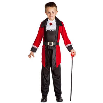 Fantasia infantil de vampiro com casaco vermelho e preto e bengala