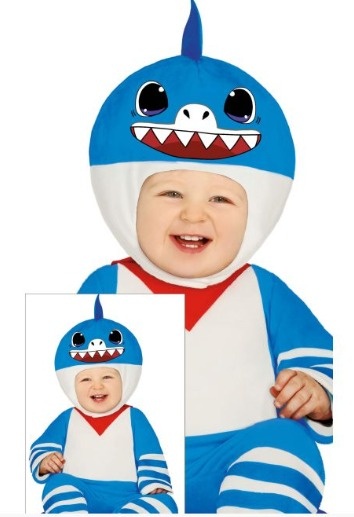 Fato de criança tubarão azul, branco e vermelho
