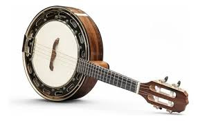 Instrumento musical tipo banjo e guitarra com corpo arredondado em madeira e pele branca