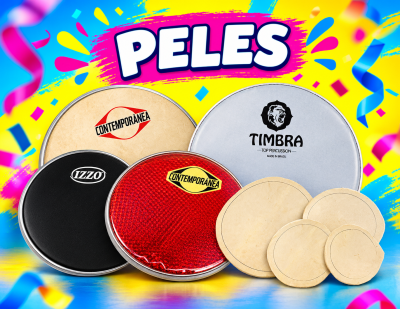 Peles para percussão coloridas e com diferentes logos em fundo festivo