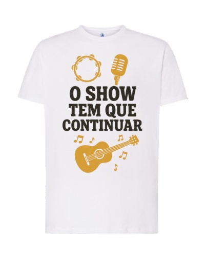 T-shirt branca com estampado musical e texto em preto e amarelo