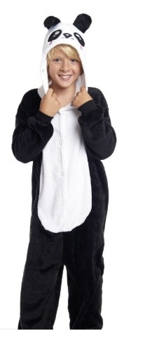 Menino com macacão felpudo panda com capuz e orelhas