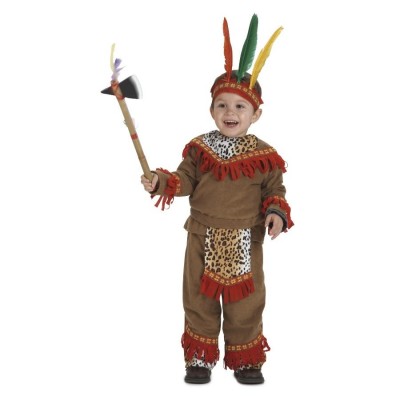 Fato infantil castanho com franjas vermelhas, padrão de pele de leopardo e coroa com penas coloridas