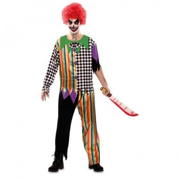 Fato de palhaço colorido com peruca vermelha e machado de brinquedo