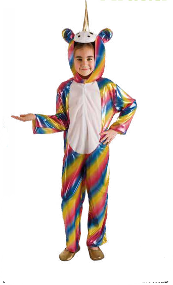 Fato de Carnaval infantil unicórnio colorido metálico com chifre e capuz