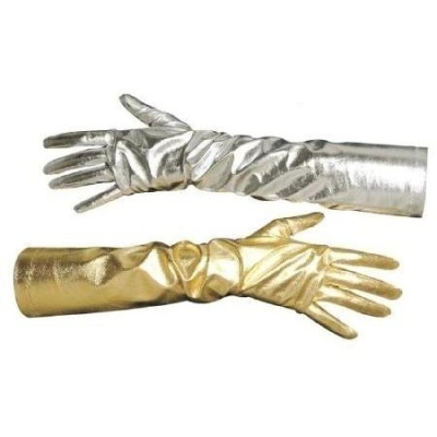 Par de luvas compridas metálicas, uma prateada e outra dourada