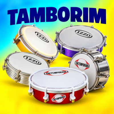 Conjunto de cinco tamborins coloridos com marcações IZZO e CONTEMPORÂNEA sobre fundo azul e amarelo.
