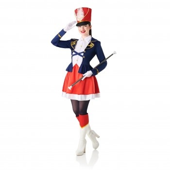 Fato de majorete azul, vermelho e branco com chapéu e bengala