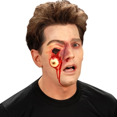 Máscara de maquilhagem Halloween com ferida no olho direito e sangue falso