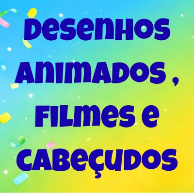 Texto azul em fundo colorido com fitas e estrelas