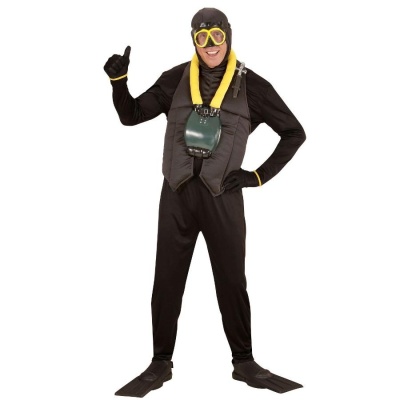 Fato completo preto de mergulho com máscara amarela e tinteiros verdes