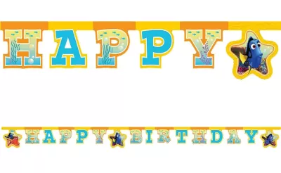 Faixa de aniversário 'HAPPY BIRTHDAY' com cores azul e amarelo e personagem Dory