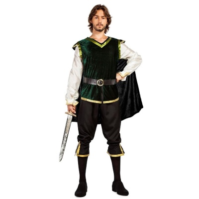 Homem vestido com fato medieval verde e preto segurando espada