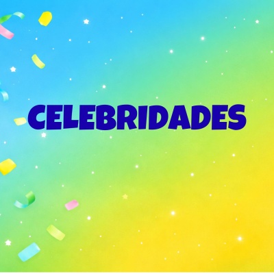 Fundo colorido com confetes e texto CELEBRIDADES