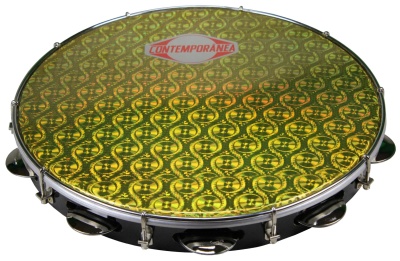 Pandeiro com pele decorada amarelo e verde, corpo preto e platinelas metálicas