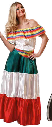 Vestido tradicional colorido com riscas e saia longa em verde, branco e vermelho
