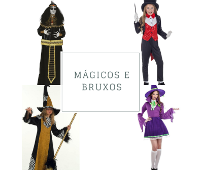 Quatro pessoas com fatos de magos e bruxos e texto 