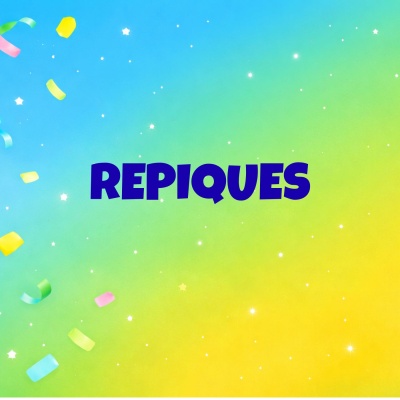 Fundo colorido com estrelas, confetes e texto REPIQUES em azul escuro