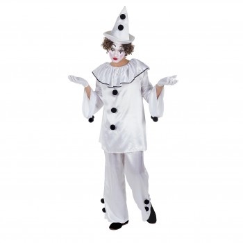 Fantasia de palhaço branca com pompons pretos e chapéu pontudo