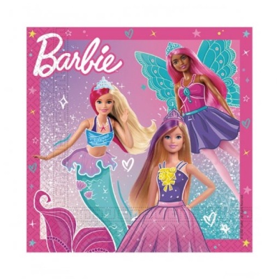 Imagem de três bonecas Barbie fadas em fundo rosa com glitter e corações