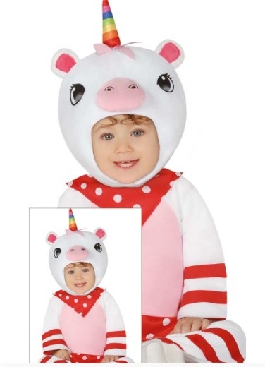 Fantasia de unicórnio para bebé com chifre colorido e padrão branco, rosa e vermelho