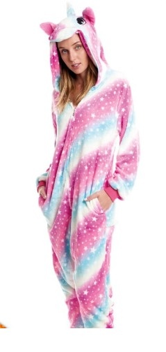 Pijama onesie com padrão colorido e capuz de unicórnio