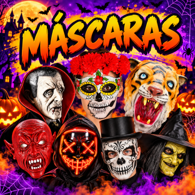 Máscaras de Halloween variadas com fundo colorido e decoração temática