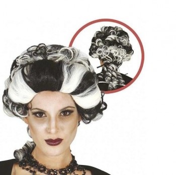 Peruca encaracolada preto e branco vista de frente e de trás