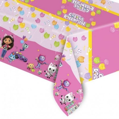 Toalha de mesa rosa com personagens animados e balões coloridos