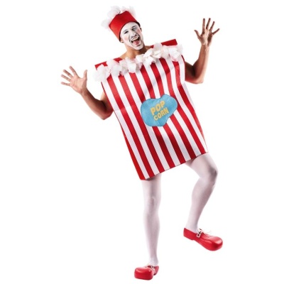 Fato de palhaço de embalagem de pipocas com riscas vermelhas e brancas, chapéu vermelho e branco