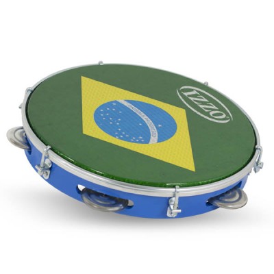Pandeiro azul com pele verde e bandeira do Brasil, com logo IZZO