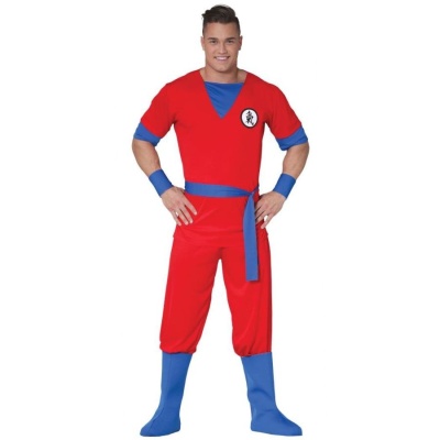 Fato vermelho e azul com cinto e símbolo no peito, usado por homem