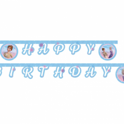 Bandeirolas HAPPY BIRTHDAY azuis com personagens do Frozen e flocos de neve