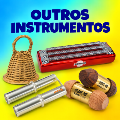 Instrutores musicais diversos em fundo azul e amarelo com texto Outros Instrumentos.