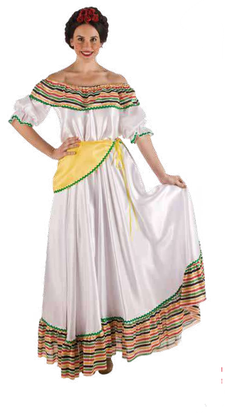 Vestido tradicional branco com riscas coloridas e faixa amarela