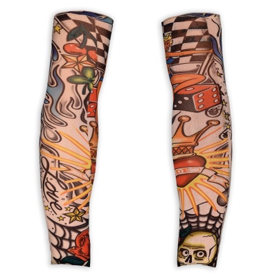 Par de mangas para os braços com design colorido e tatuagem temporária com dados, coroa, caveira, rosas e padrões xadrez