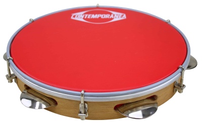 Pandeireta com pele vermelha e aro metálico prateado